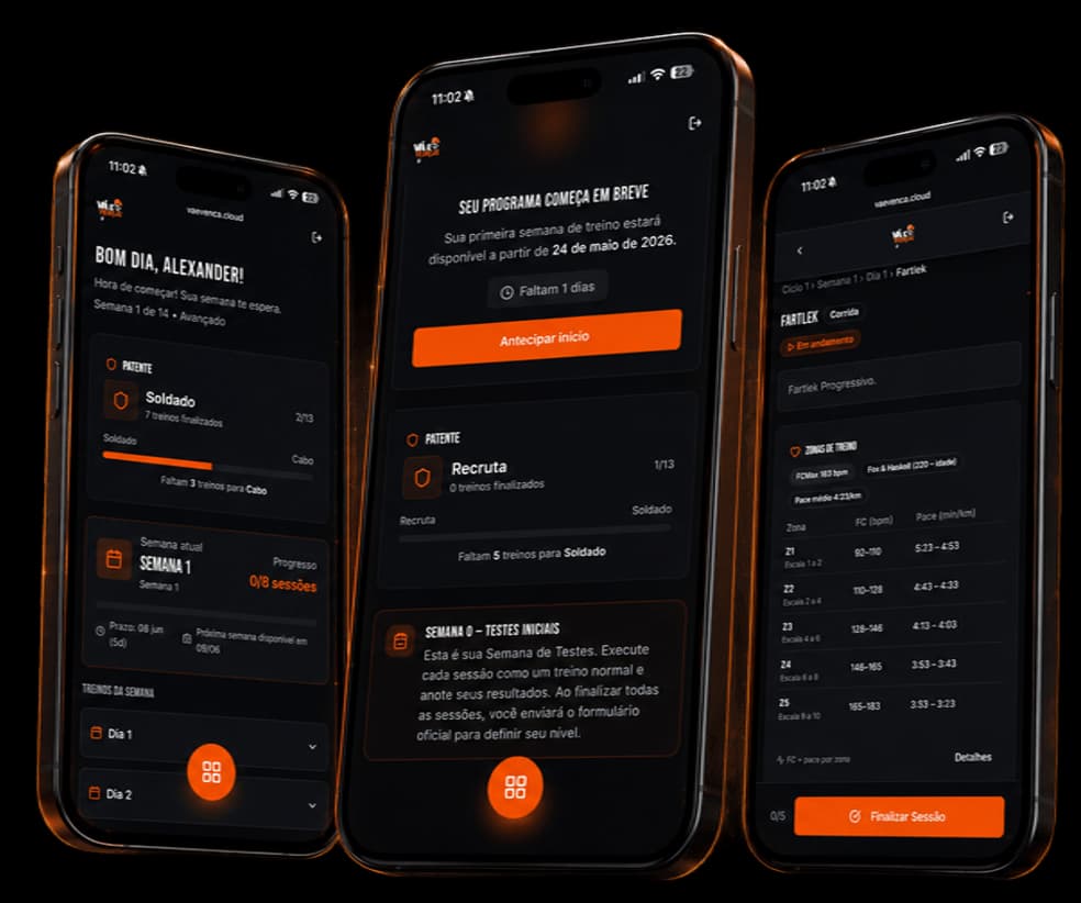Telas do app Vá e Vença mostrando avaliação, patente e progressão do treino